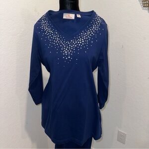 Quacker Factoey Navy V-Neck Rhinestone Embellished Women's Pant suit 3/4 sleeve